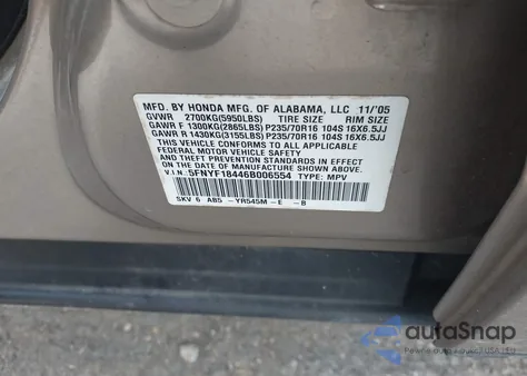 2006 Honda Pilot Ex z USA, uszkodzony, nr VIN 5FNYF18446B006554